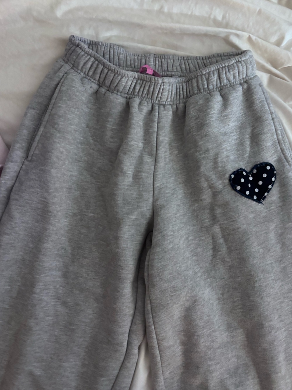 Edikted Gray Sweatpants with Navy Polka Dot Heart Patch